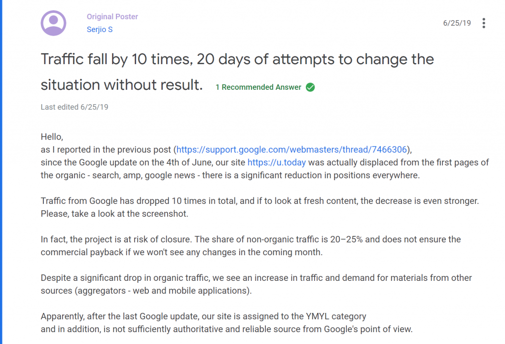 Post from u.today Website about June 2019 Google Core Update penalty