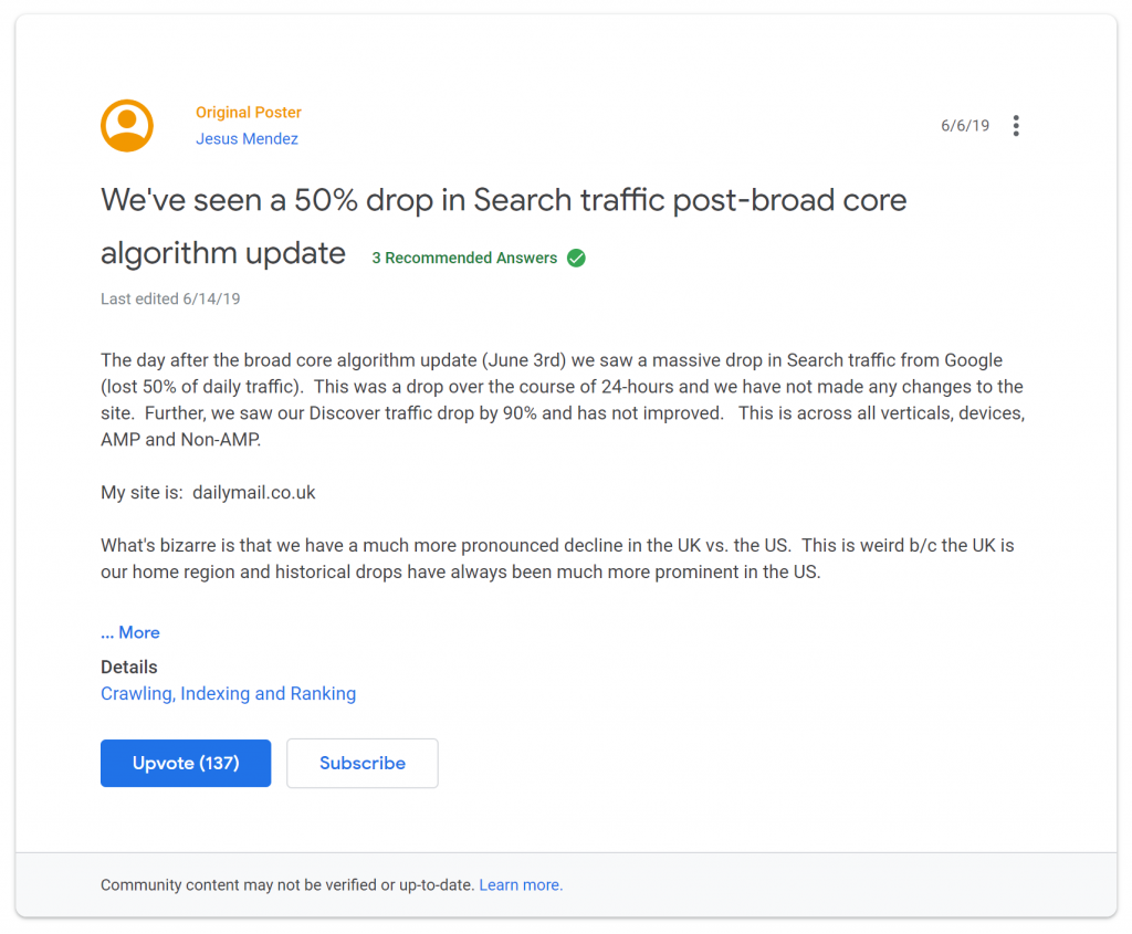 Complaint on a forum about June 2019 Google Core Update