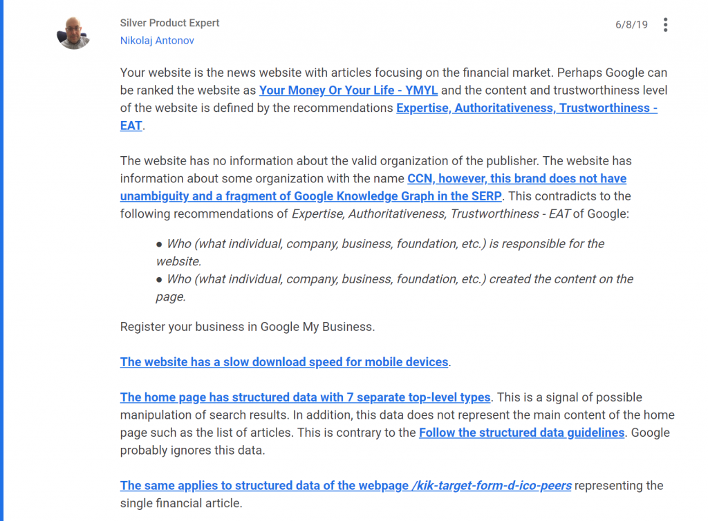 Nikolaj Antonov post about YMYL and E.A.T affecting position