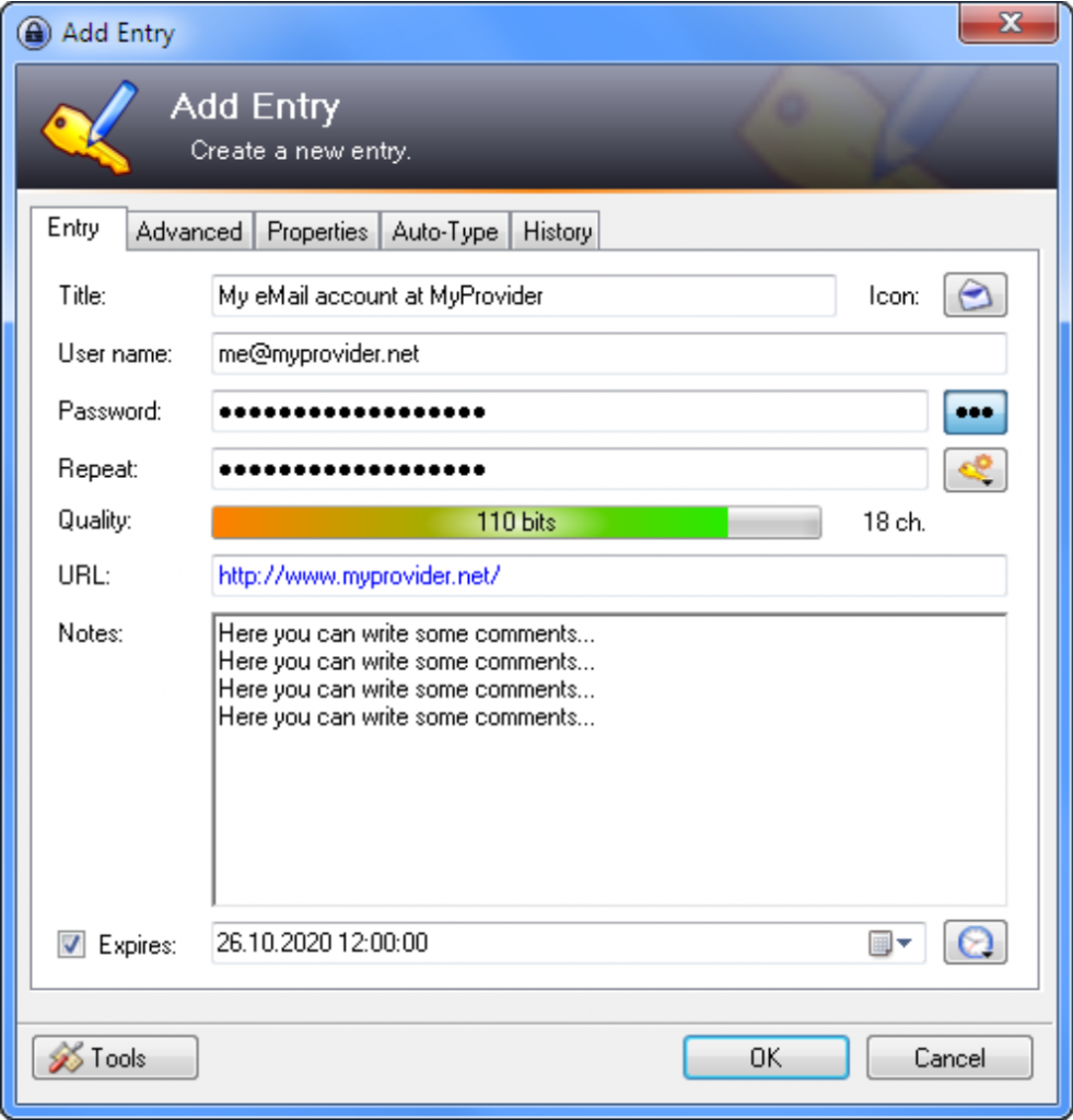 Add a New Entry windows on Keepass