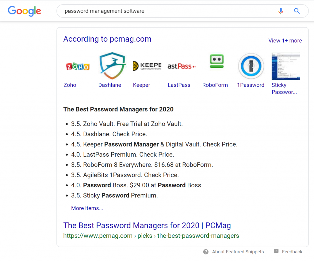 Search Result on Google when you search for "Password Management Software"