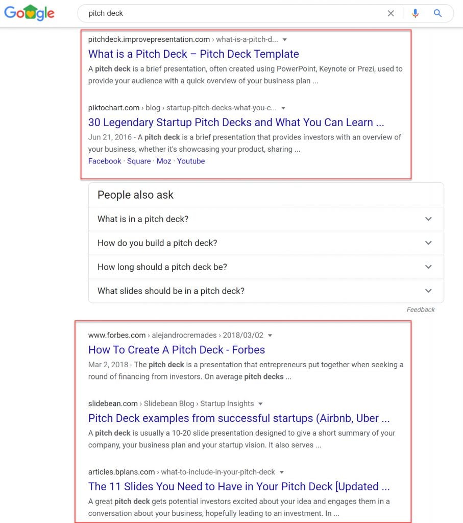 Google SERP for the Keyword "Pitch Deck"