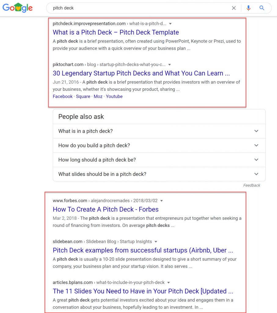 Google SERP for the Keyword "Pitch Deck"