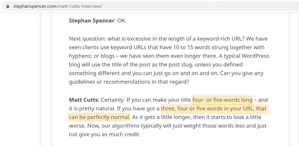 Matt Cutts views on URL Size during an interview with Stephan Spencer (Transcript Screenshot)