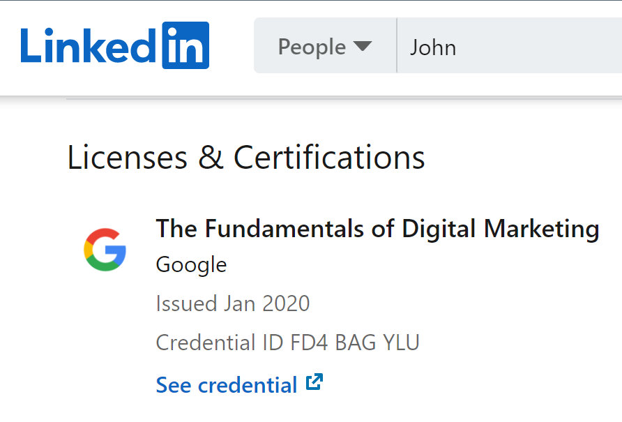 License & Certification showcased on LinkedIn