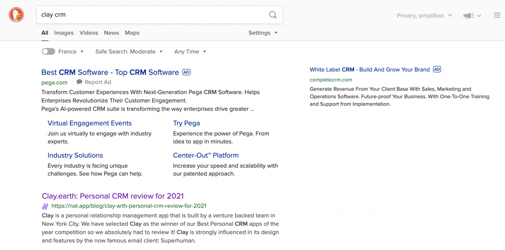 SERP for Clay CRM on Duck Duck Go