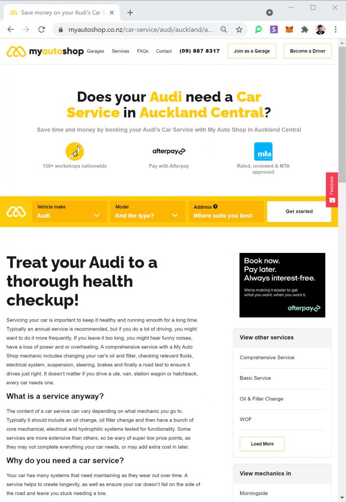 Sample Landing Page from My Auto Shop
