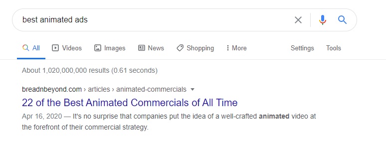 1st Position in SERP for the Keyword "Best Animated Ads"