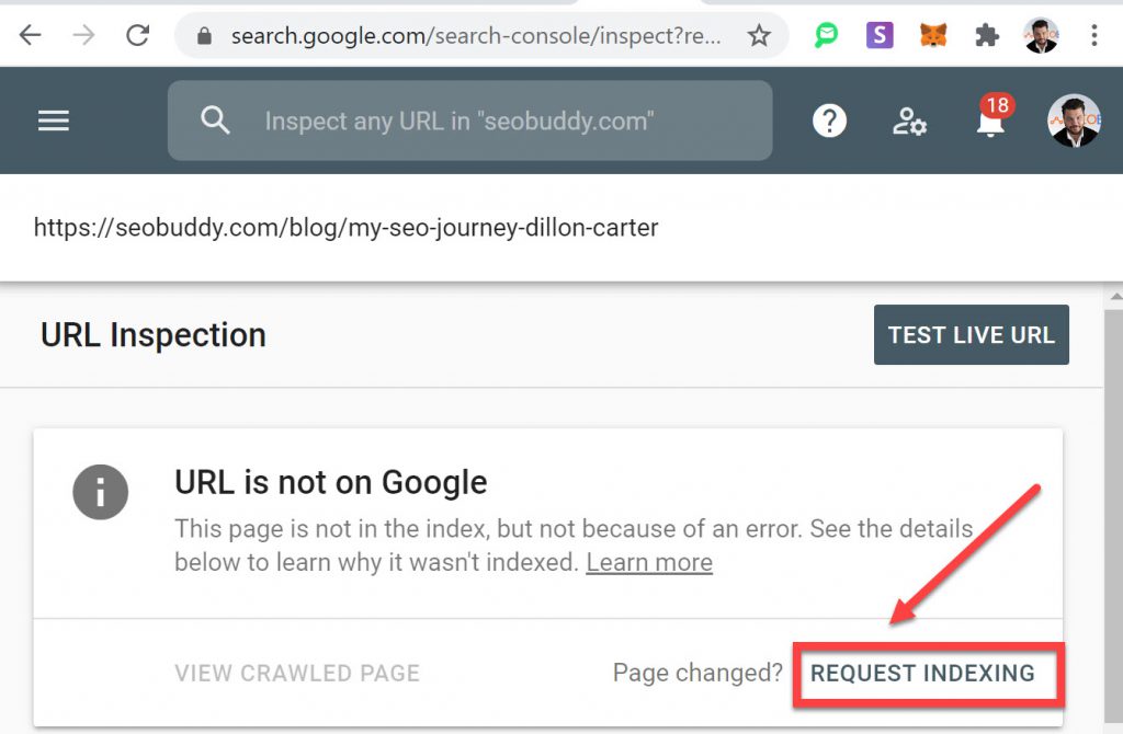 Request Indexing using Google Search Console URL Inspection Tool