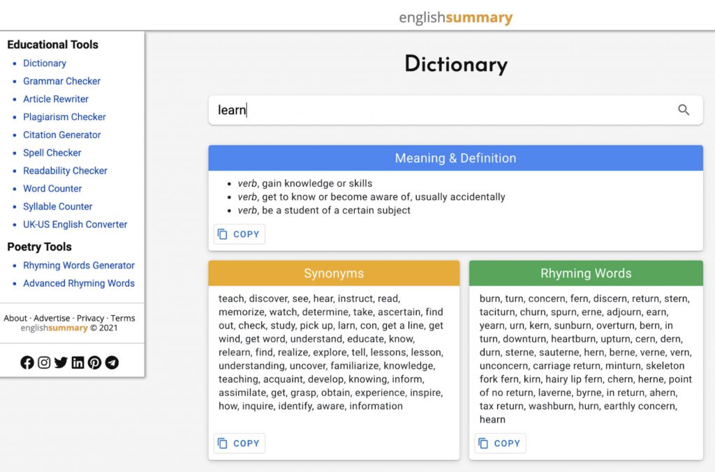 Dictionnary Tools on englishsummary.com