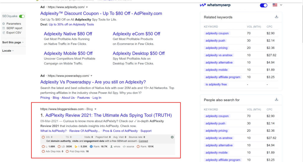 SERP for the keyword "Adplexity Review 2021"