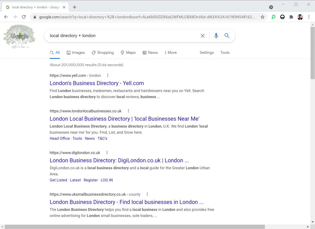 SERP for "local directory + London"