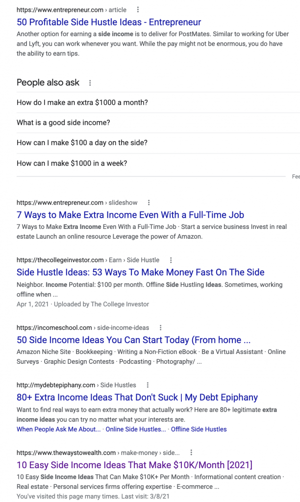 SERP for the keyword "side income ideas"