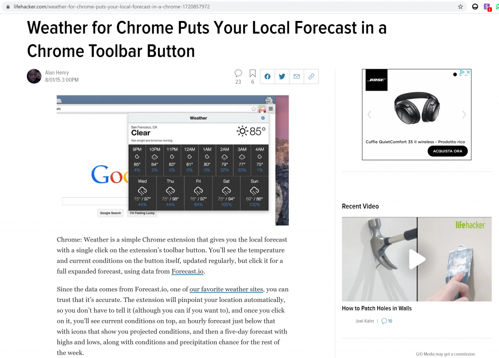 Screenshot of the LifeHacker article about WeatherExtension.com