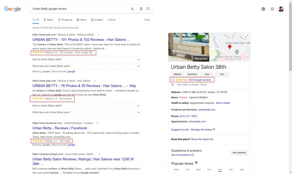 Urban Betty reviews showing on Google's SERP