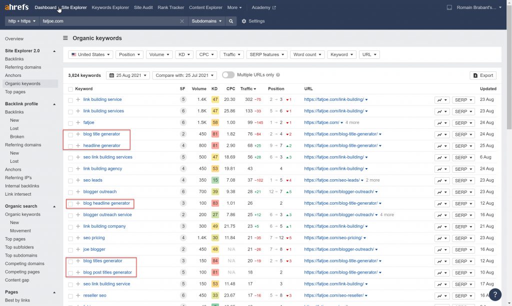 Popular Organic Keywords ranking for fatjoe.com (Source: Ahrefs)