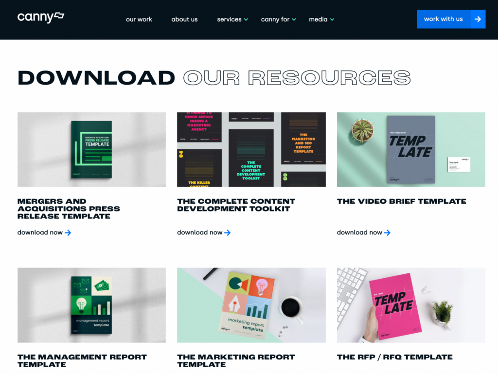 Screenshot of the Canny Creative Resources Page