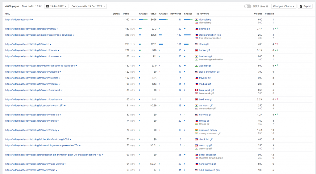 videoplasty.com Top Pages (Source: Ahrefs)