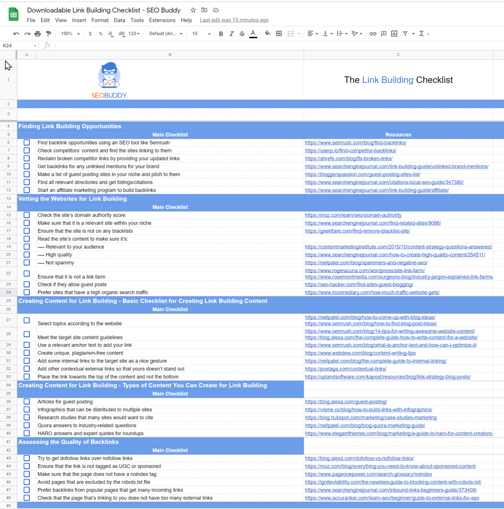 Link Building Checklist Google Sheets Template