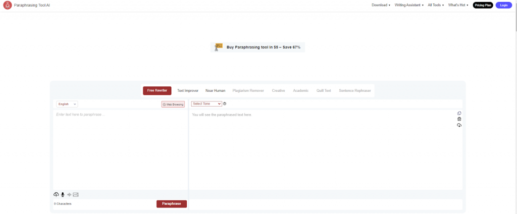 Paraphrasingtool.ai - Homepage Screenshot