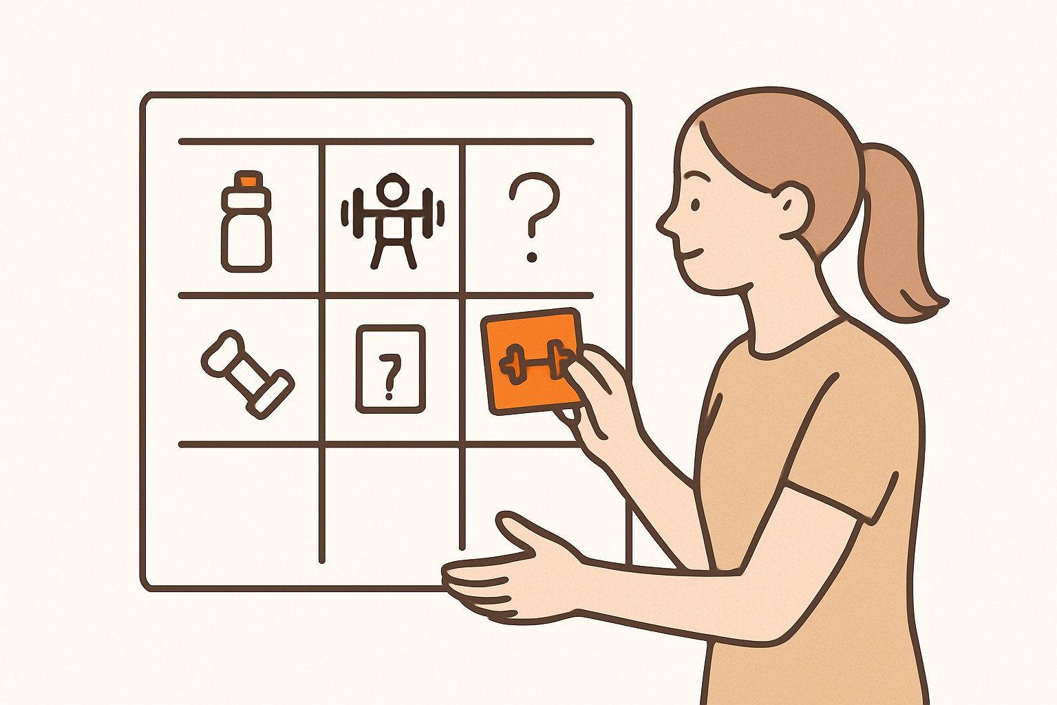 Illustration of a trainer planning beginner fitness articles on a monthly calendar