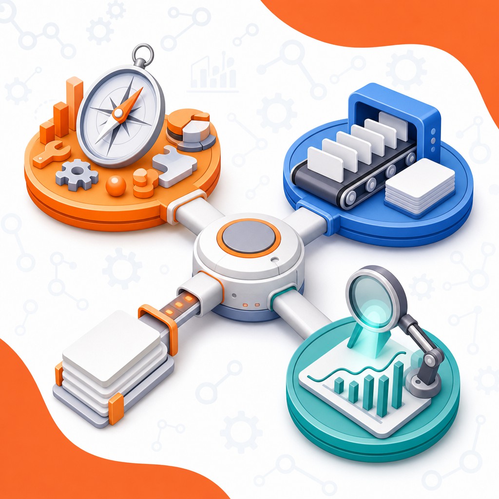 Decision fork leading to a managed team, content workflow, and monitoring dashboard