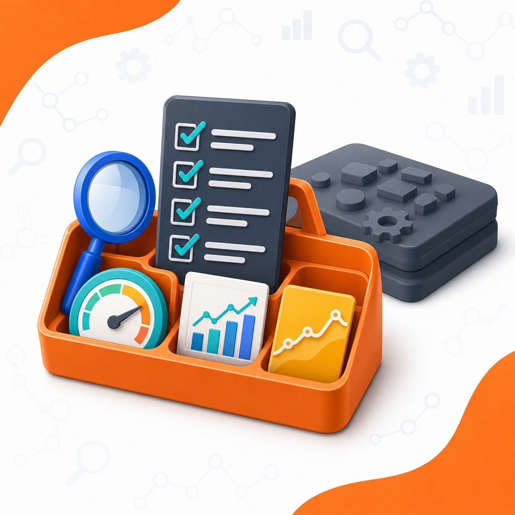 Small beginner SEO toolbox containing measurement, speed, data, and checklist tools