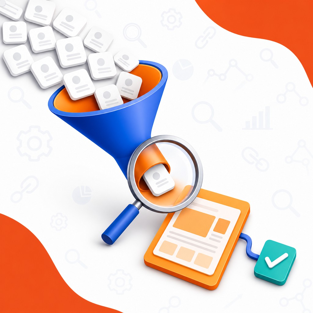 Broad search queries narrowing into a focused page and qualified action