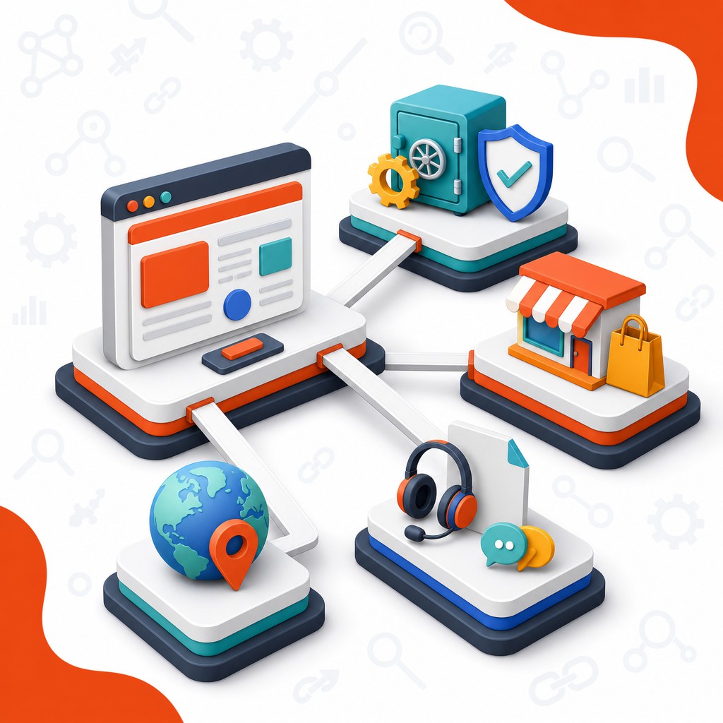 A parent website connected to separate application, store, support, and regional modules