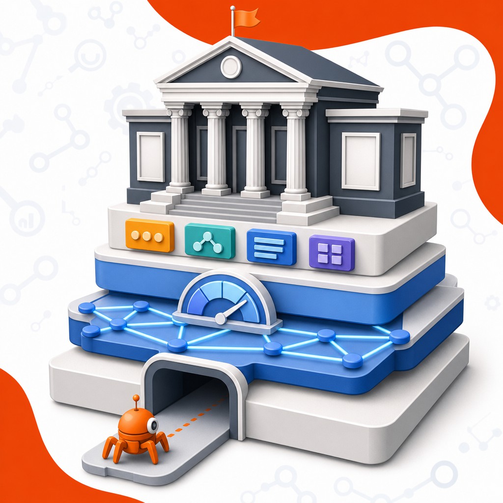 Technical SEO foundation connecting crawlability, speed, structure, and markup