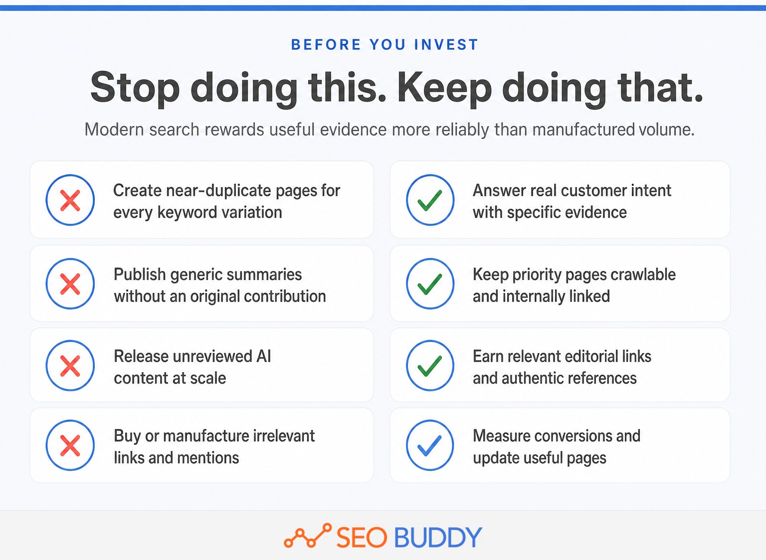 Checklist separating obsolete SEO tactics from durable practices that still work