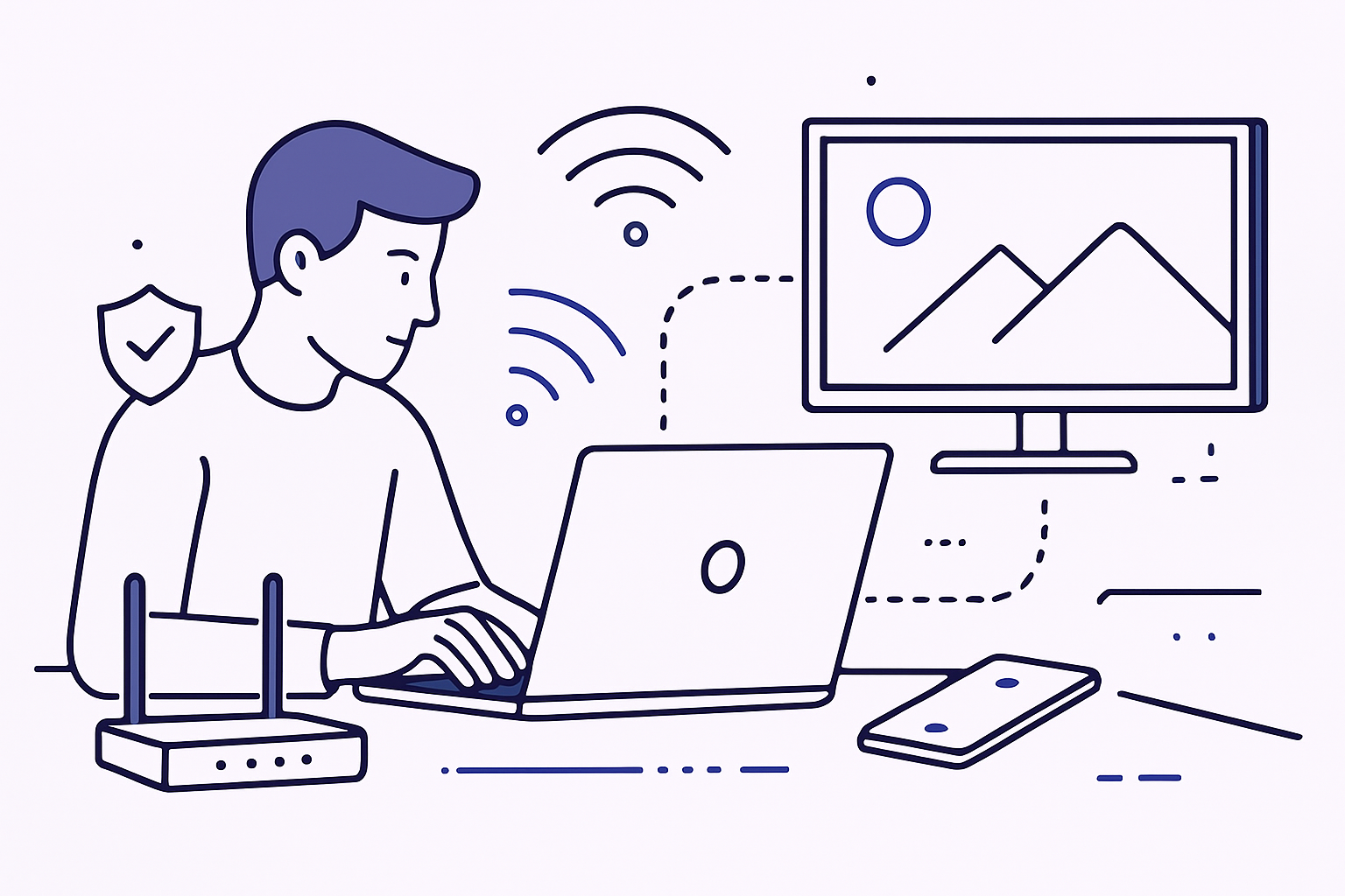Person checking router VPN connection, DNS routing, and device coverage after setup
