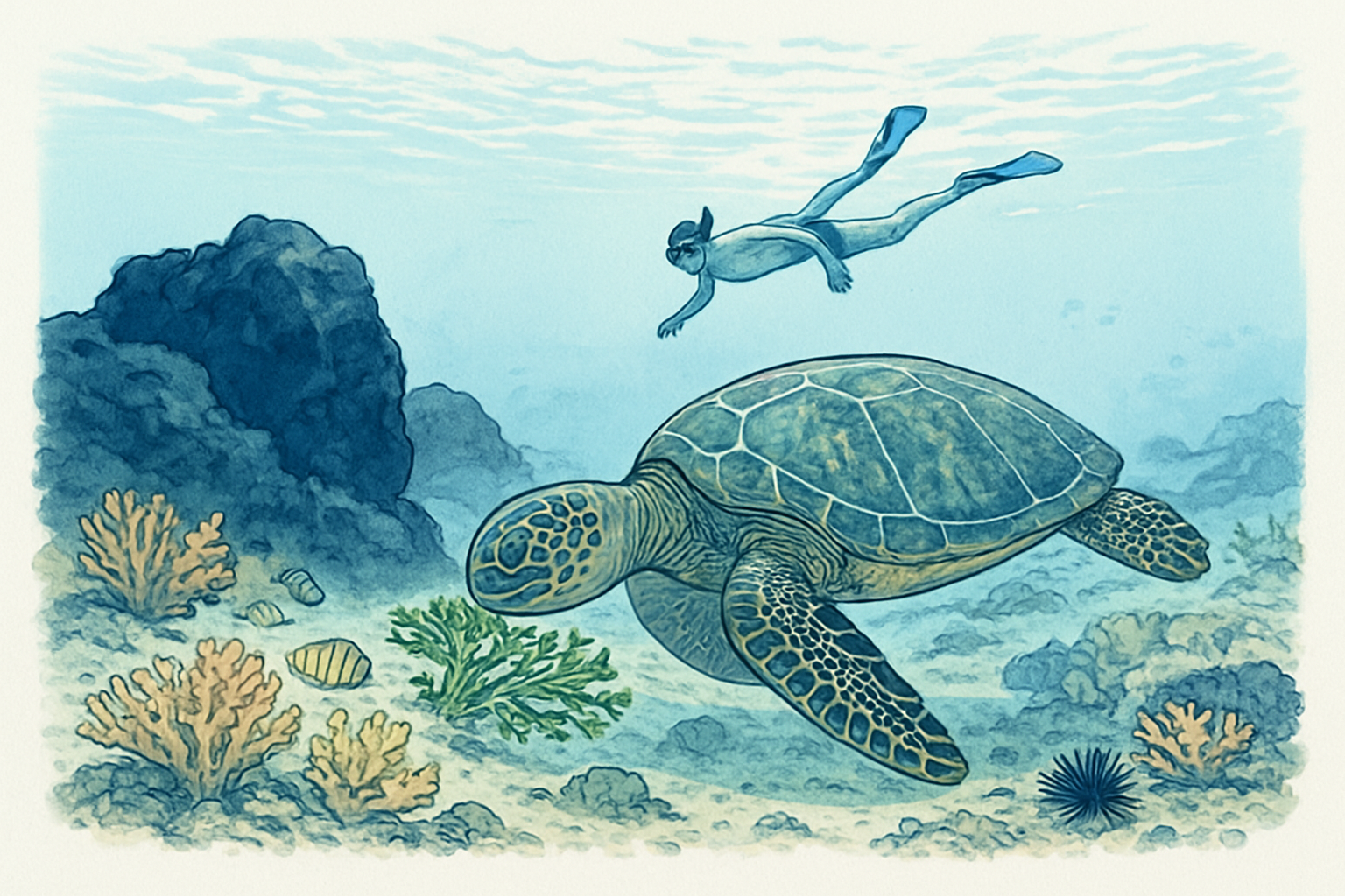 Honu feeding near a rocky Maui reef while a snorkeler watches from a distance