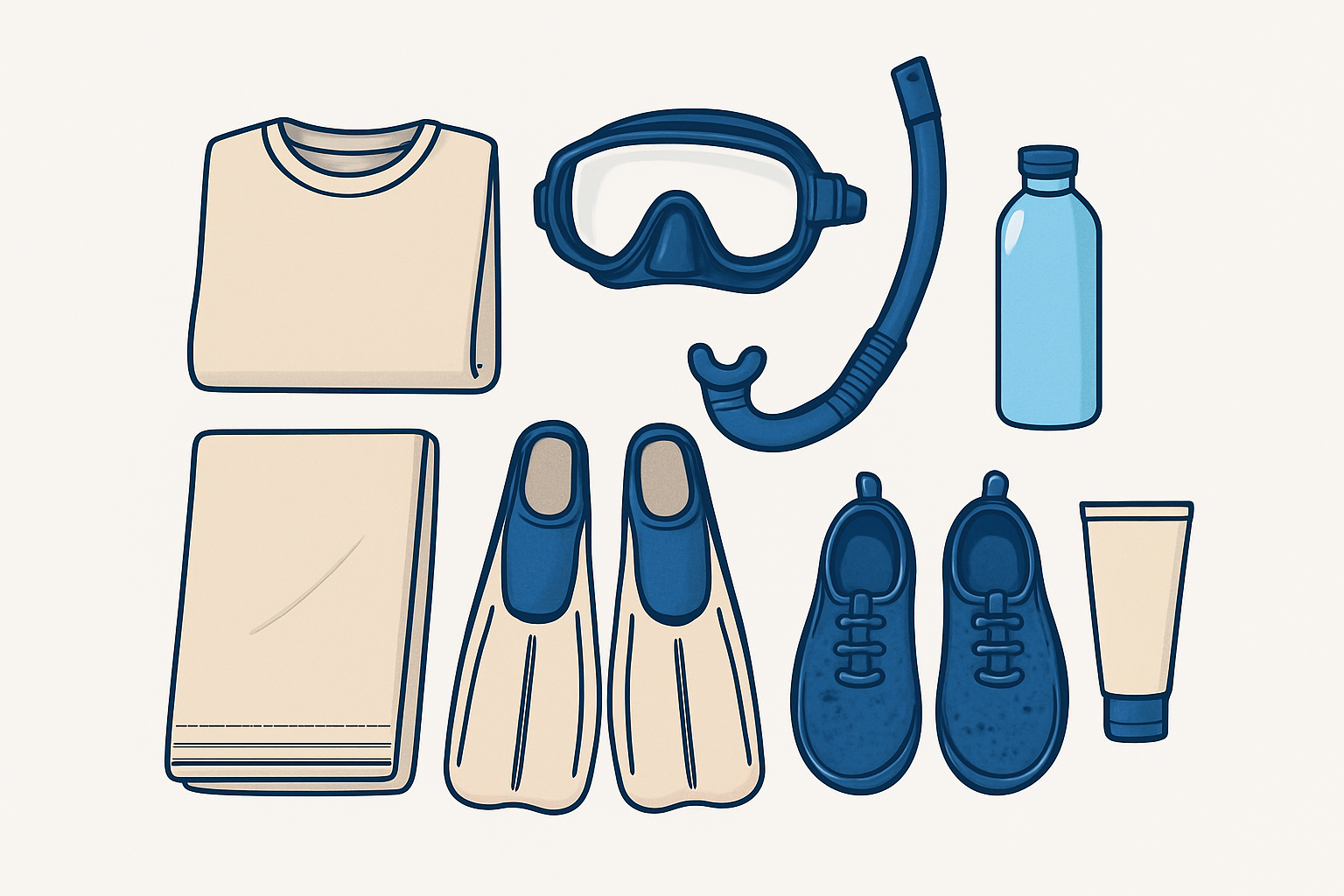 Mask, snorkel, fins, rash guard, towel, water and mineral sunscreen for Maui