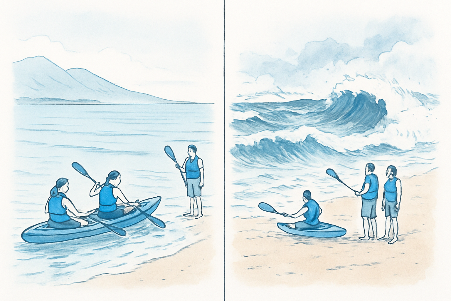 Calm and unsafe Maui beach-launch conditions shown side by side.