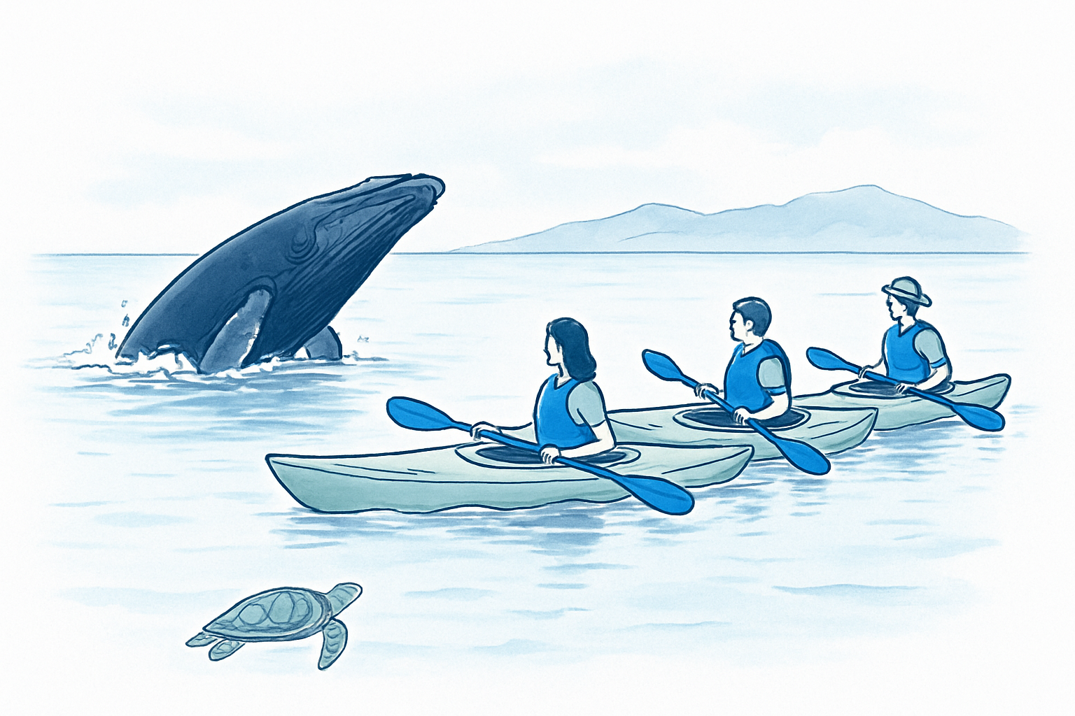 Kayakers giving a humpback whale and sea turtle wide space.
