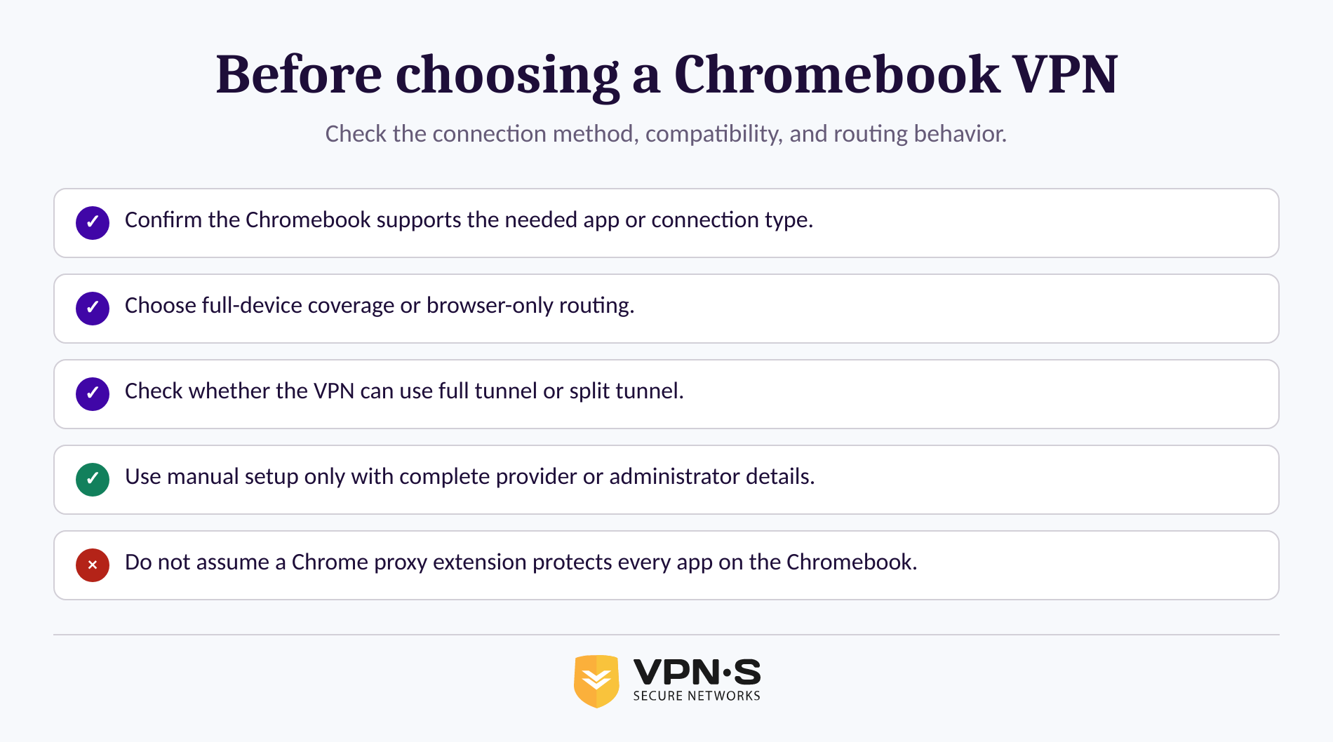 Checklist for choosing the right VPN method for a Chromebook