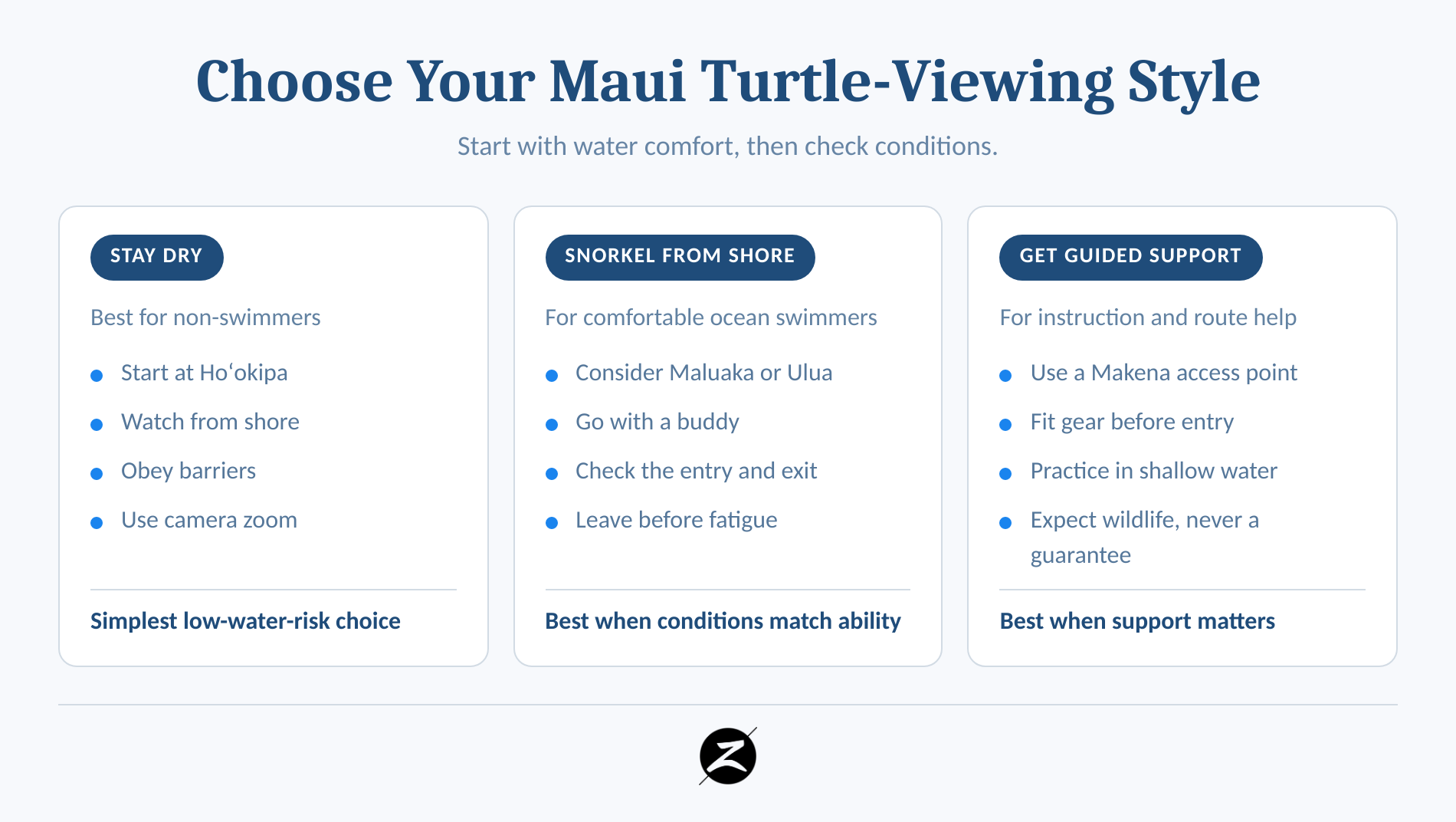 Three ways to choose a Maui turtle-viewing location by water comfort