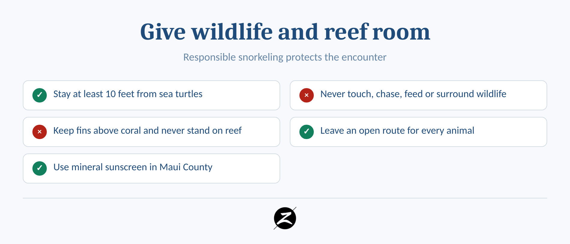 Checklist for keeping distance from turtles and protecting Maui coral reefs.