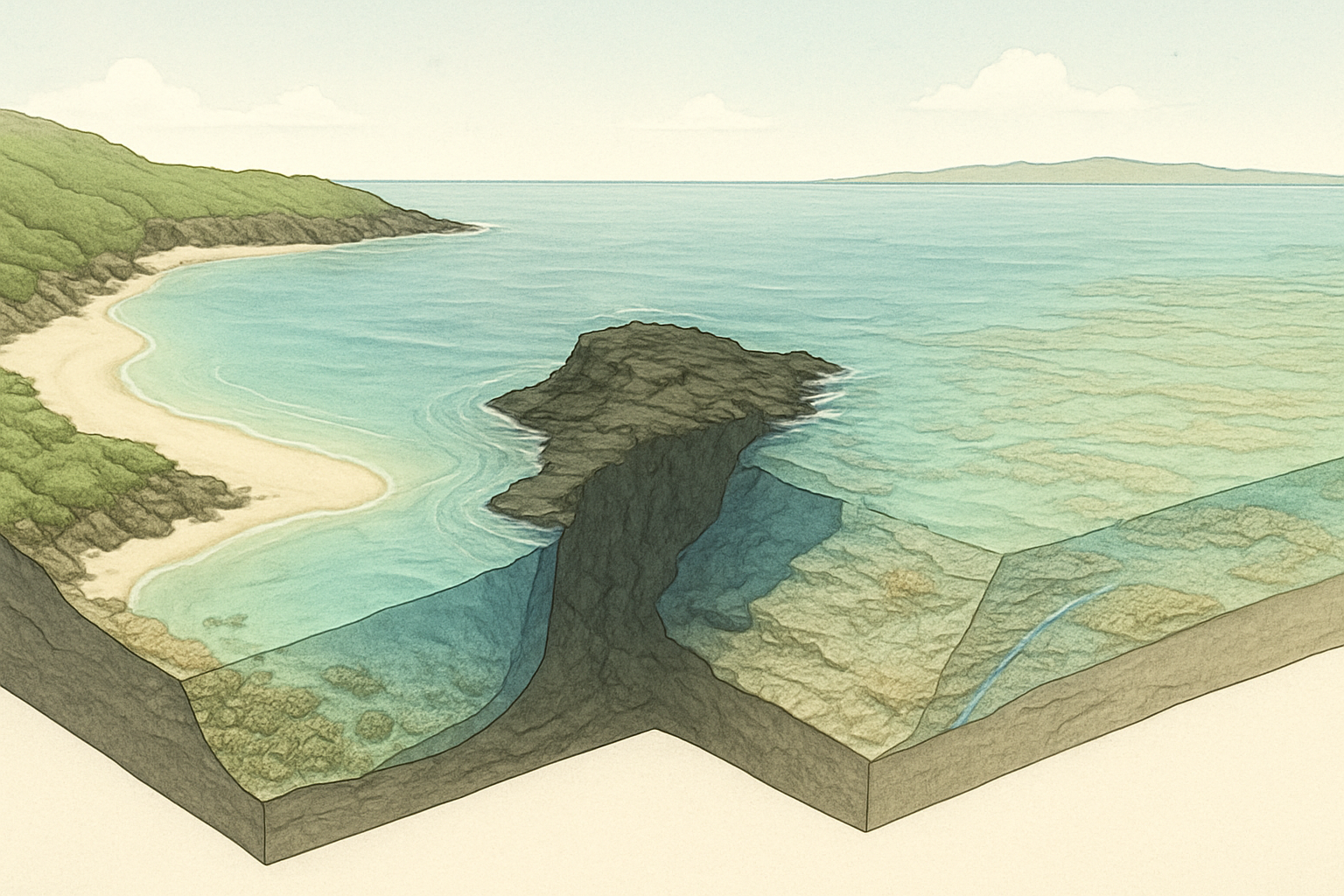 Cutaway comparison of a sheltered bay, exposed lava point and shallow reef flat.