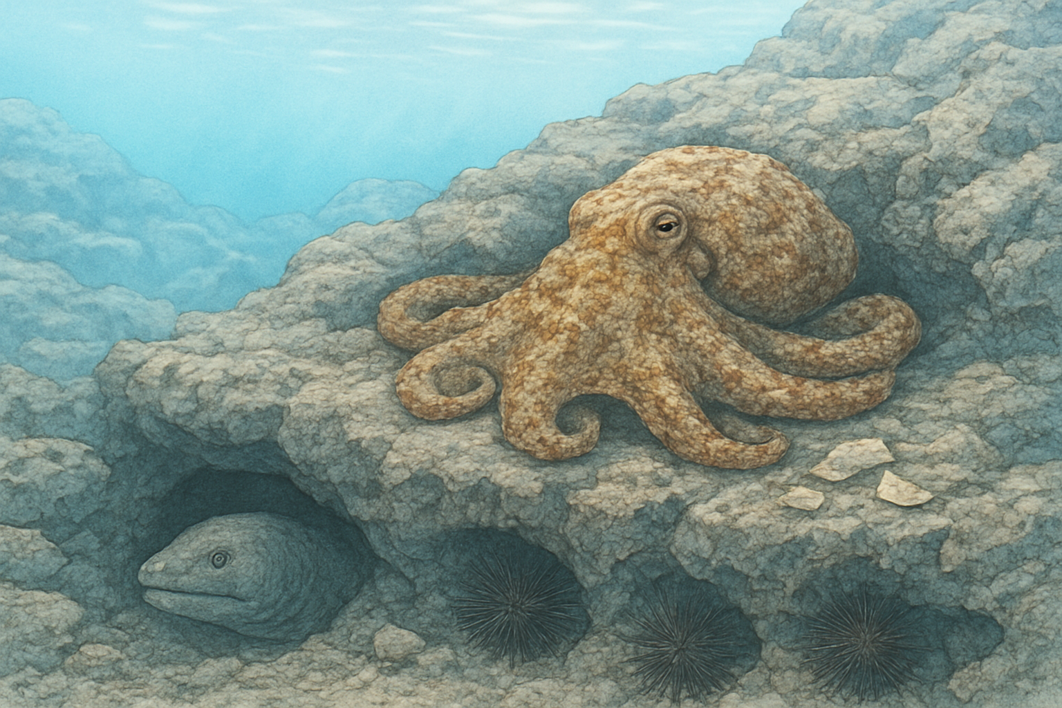 Maui Fish Snorkeling Guide: Reef Species You May See 2 Turtle, octopus, moray eel, ray, and urchins positioned around a Maui reef