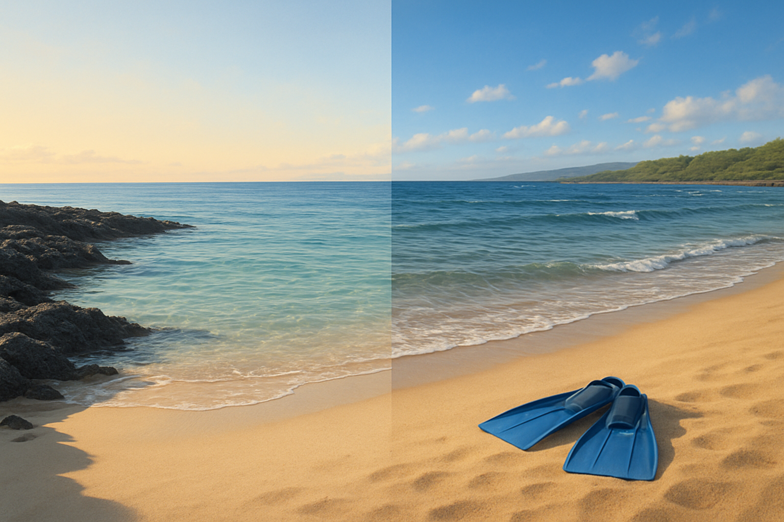 Snorkeling in Kihei, Maui: Best Nearby Beaches and When to Go 2 Calm morning water compared with wind-chopped afternoon water near Kihei