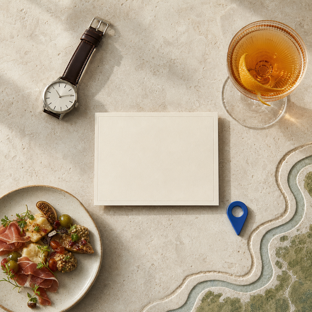 A dinner reservation card, cocktail glass, shared plate, and Falls Park map pin arranged together