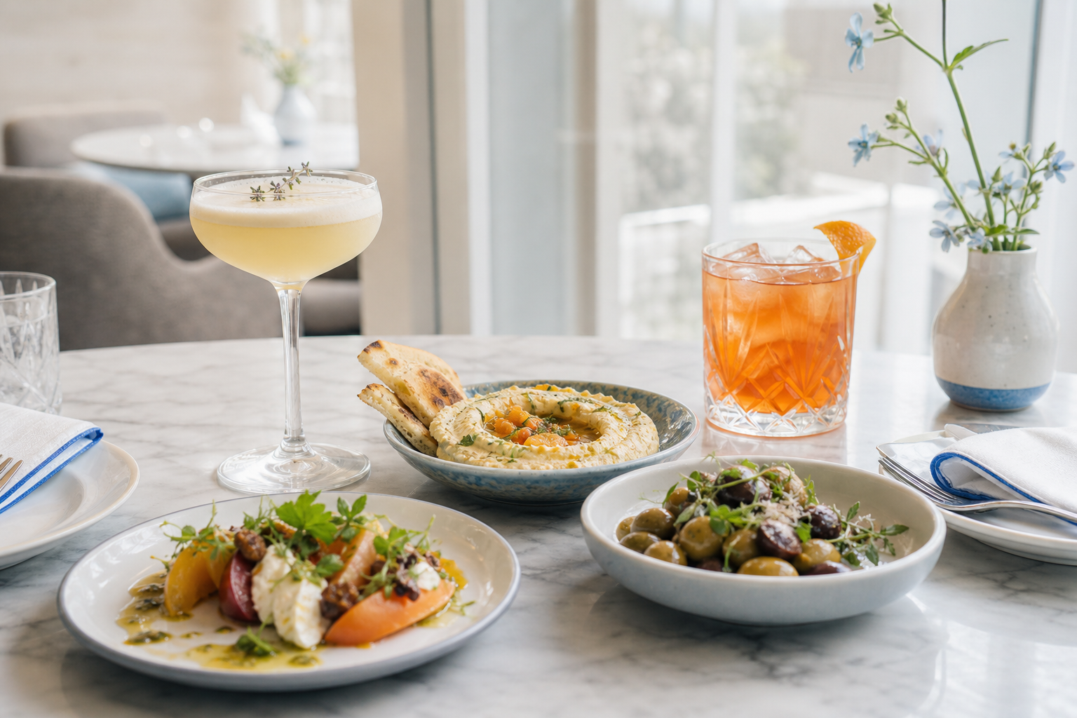 Two cocktails and shareable small plates on a refined Greenville restaurant table