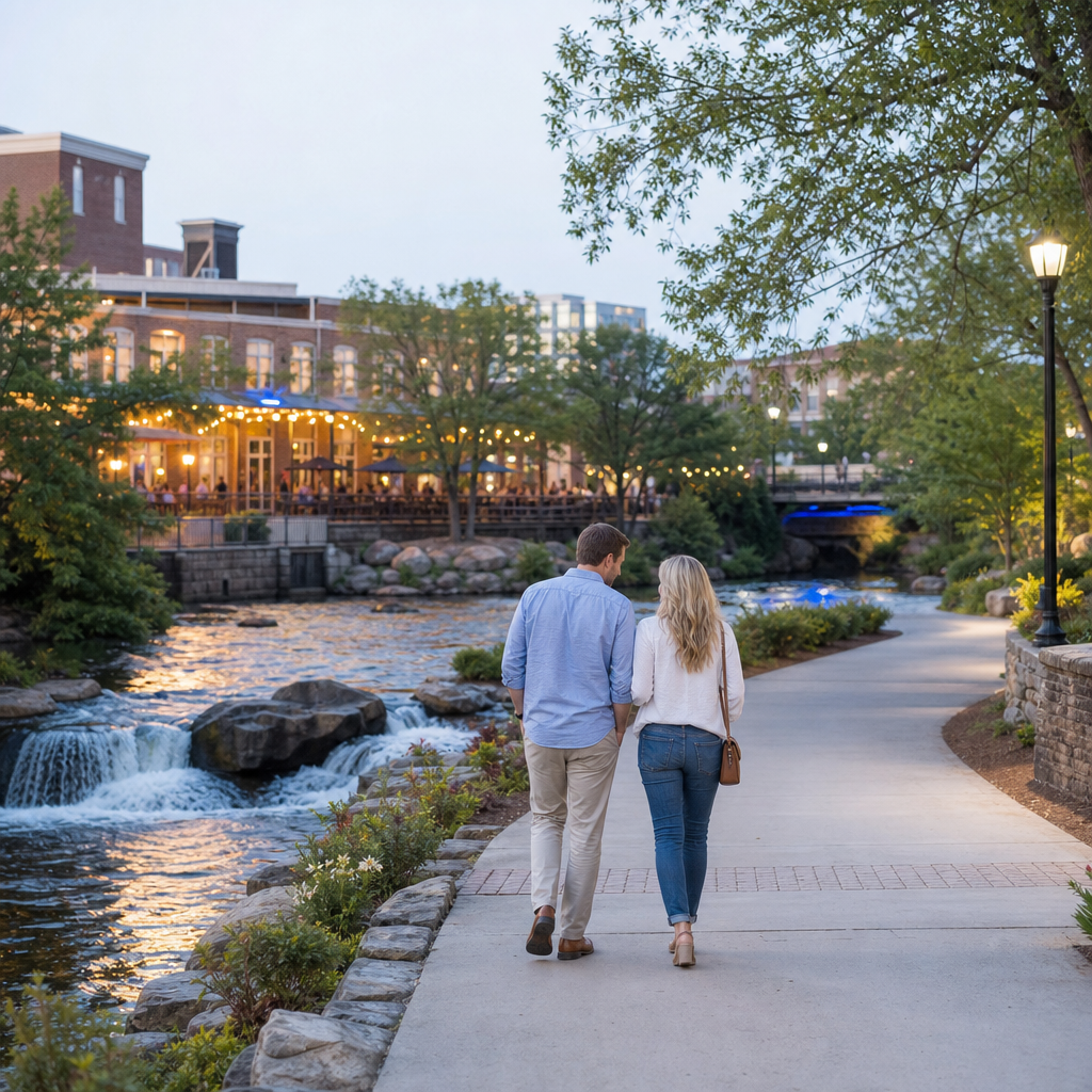 A couple walking beside Falls Park after dinner with restaurant lights in the distance