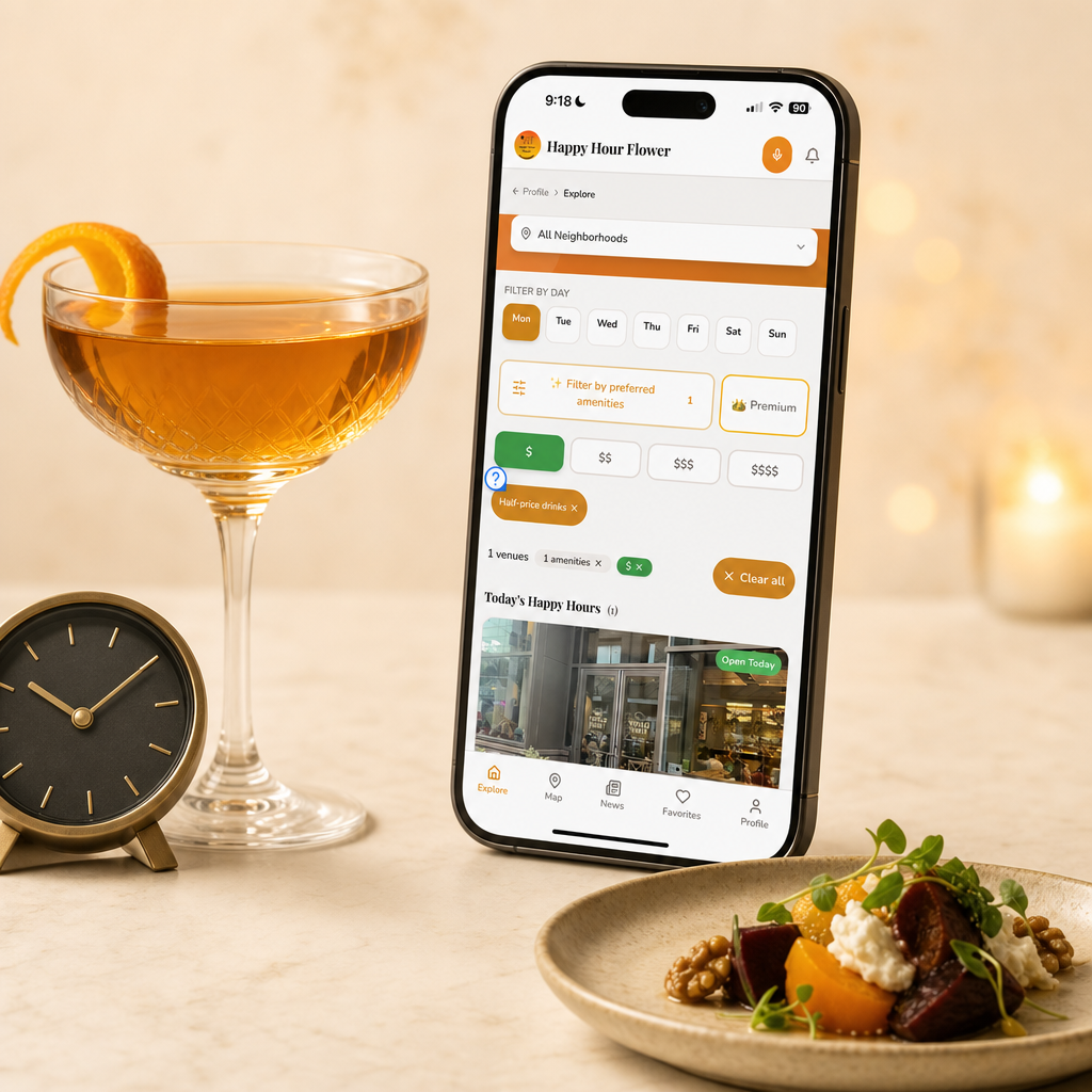 Phone map, clock, cocktail glass, and restaurant pin arranged for planning a Greenville happy hour