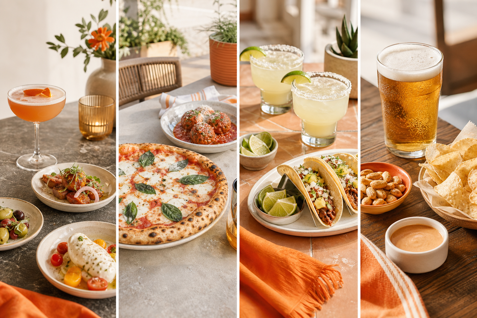 Four distinct downtown Greenville dining scenes representing cocktails, pizza, margaritas, and draft beer