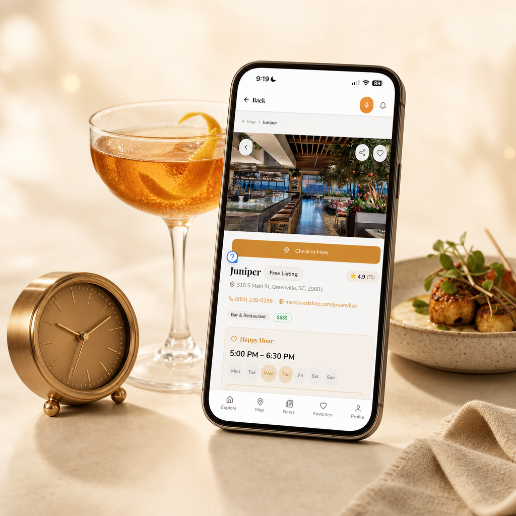 Person checking a restaurant happy-hour listing on a phone beside a clock and map pin