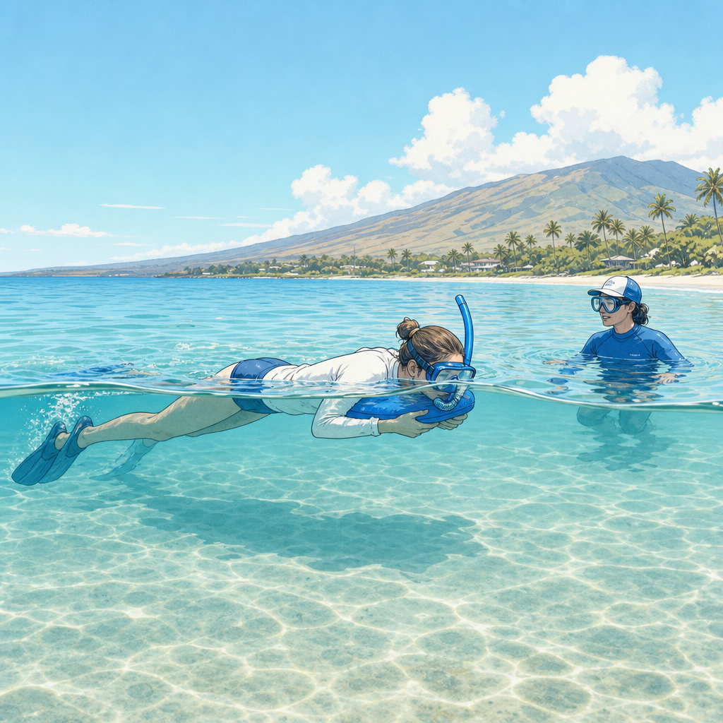 How to Use Snorkeling Equipment: A Beginner’s Step-by-Step Guide 3 A calm beginner practicing surface breathing with a snorkel beside a guide in shallow water