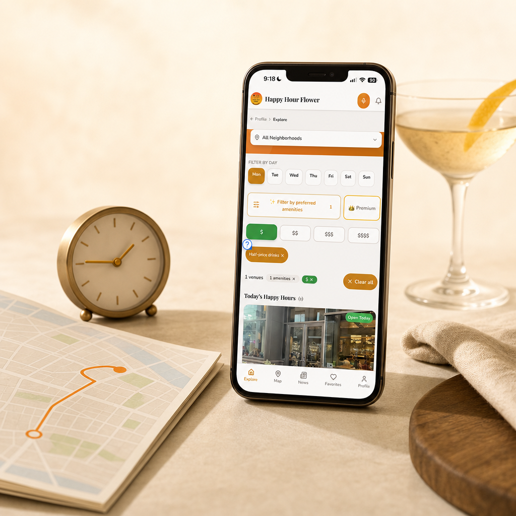 A phone, clock, map route, and drink menu arranged as a happy-hour planning checklist